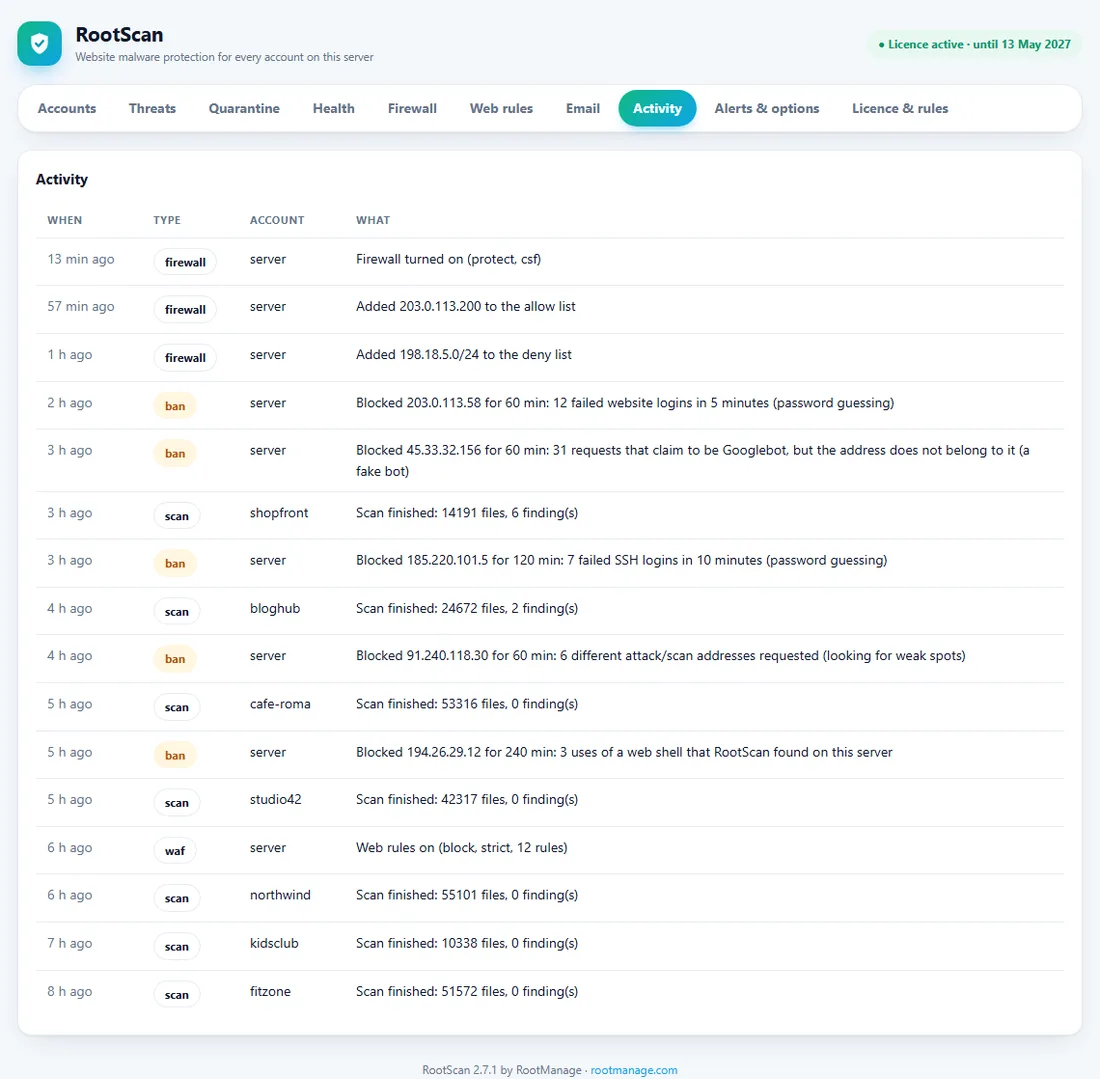 RootScan activity log with firewall, block, web rule and scan events and the account for each