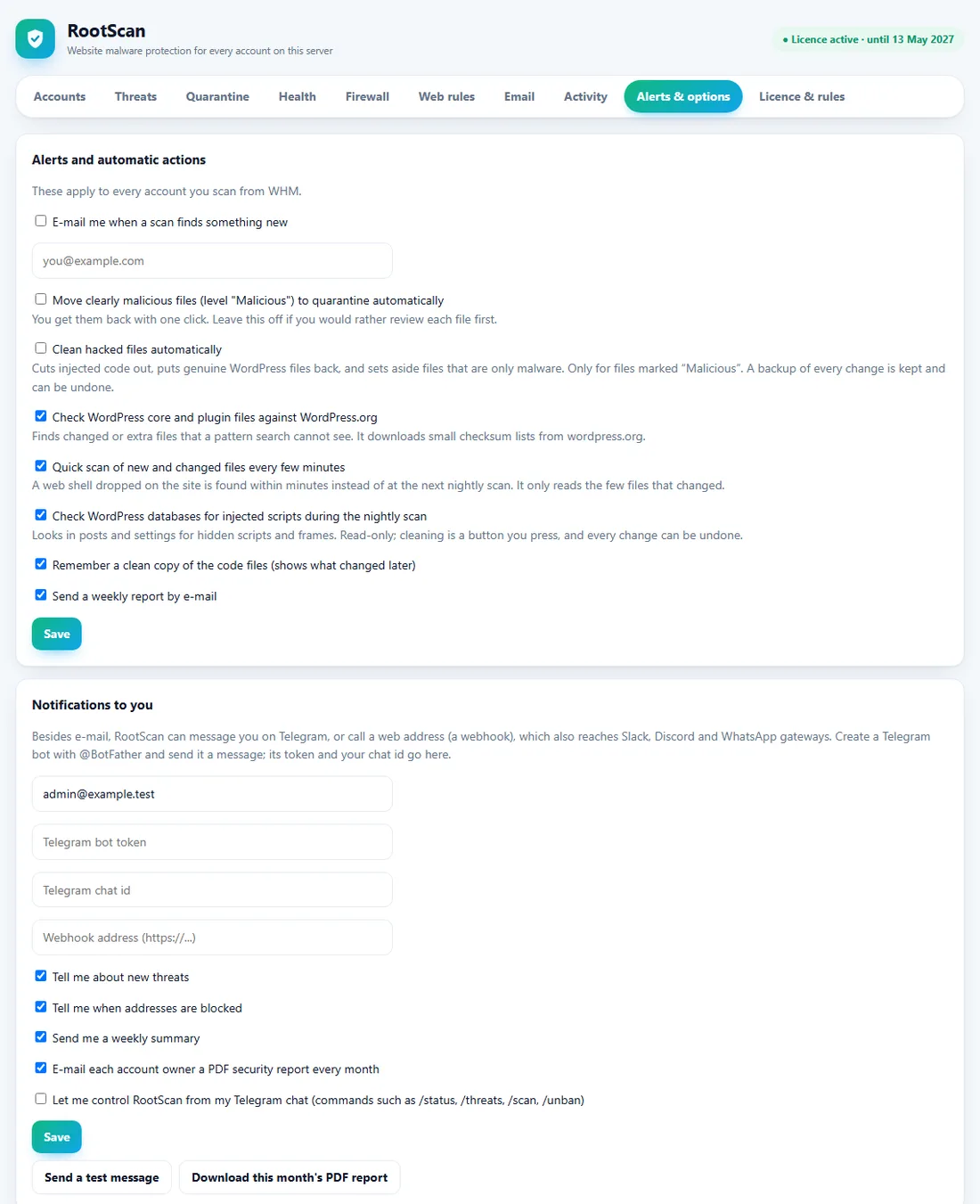 RootScan alerts and options page with e-mail, Telegram and webhook notifications, outgoing mail watch and a white-label brand form