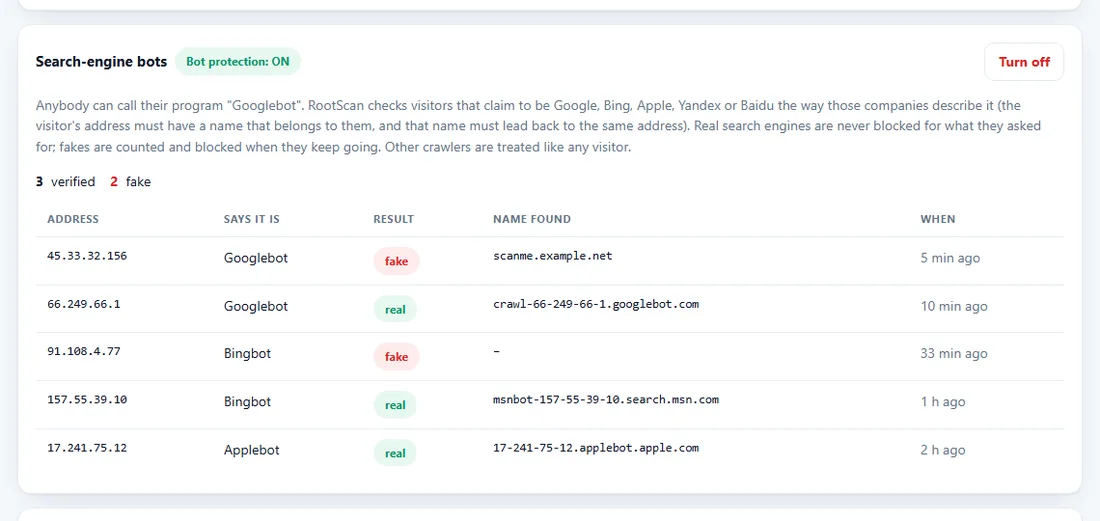 RootScan search-engine bots card with Bot protection ON, three verified and two fake bots, and the name found for each address