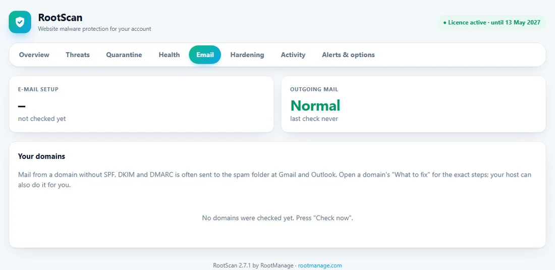 RootScan Email tab in cPanel with the e-mail setup grade and the domains of the account
