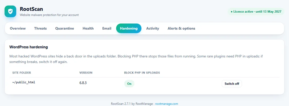 RootScan hardening tab in cPanel with a switch for blocking PHP in the uploads folder of each WordPress site