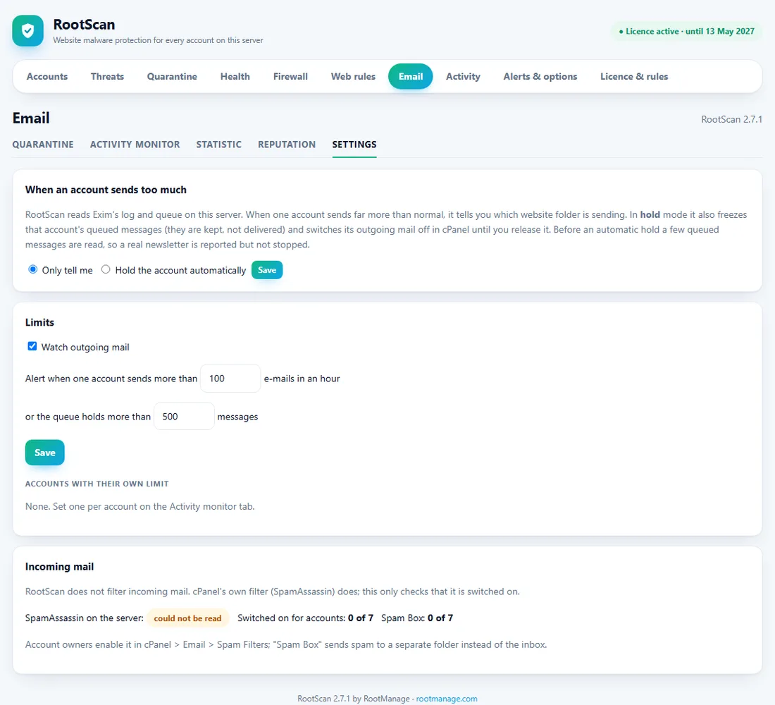 RootScan Email settings with hold mode, limits, accounts with their own limit and the incoming mail check