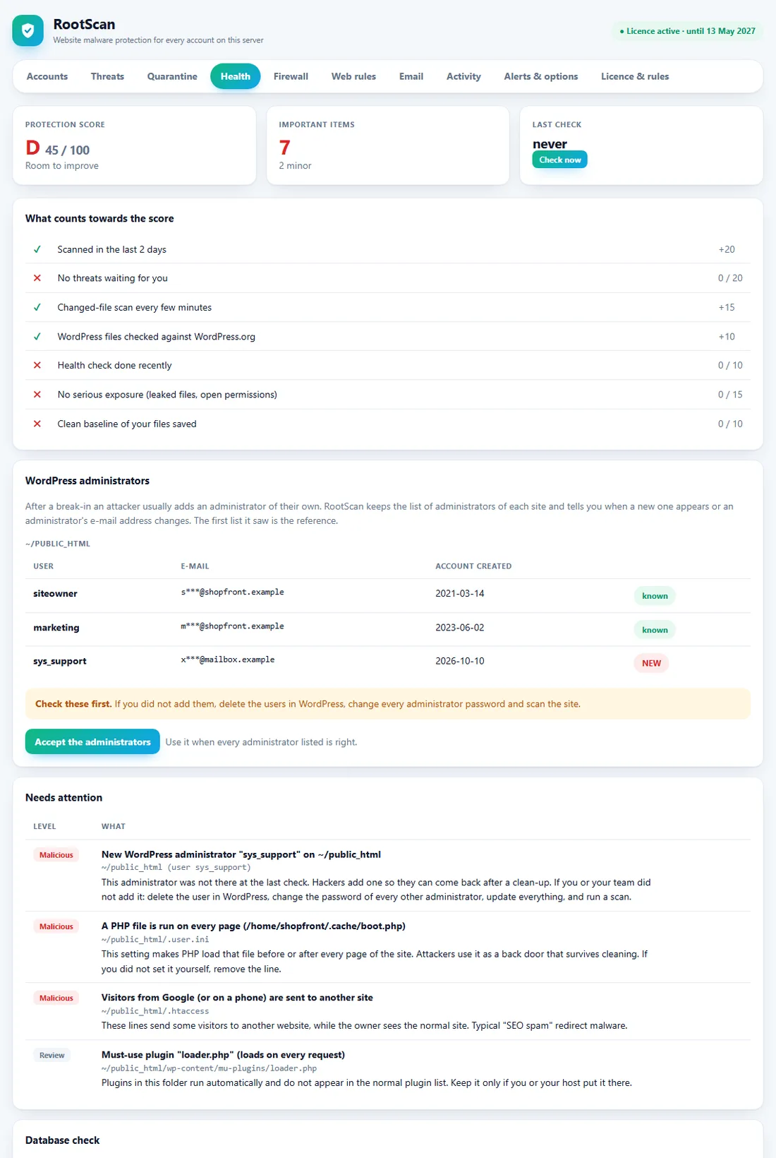 RootScan health page with the protection score, a WordPress administrators card with a new administrator marked NEW, and items that need attention such as an auto-prepend file and a search-engine redirect