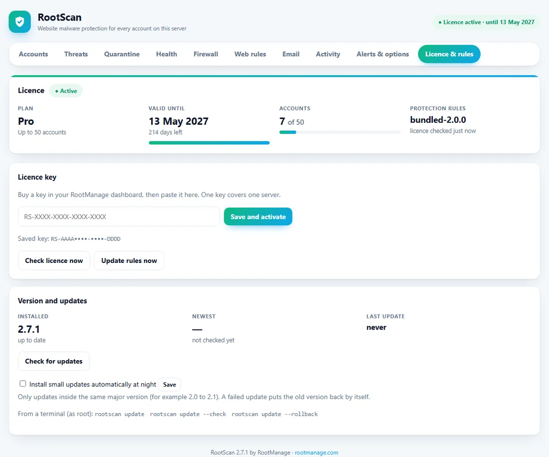RootScan licence page with the plan, valid until date, the licence key form and the update card