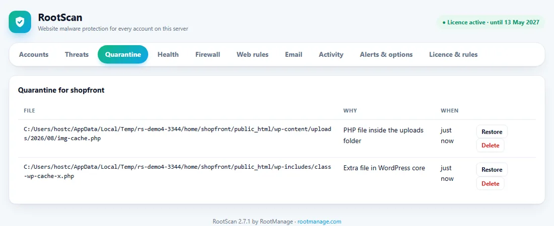 RootScan quarantine page with two files set aside, each with Restore and Delete buttons