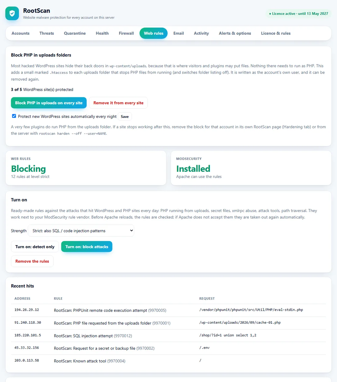RootScan web rules page with the block PHP in uploads card (3 of 5 sites protected), ModSecurity status Blocking, recent rule hits and the list of rules